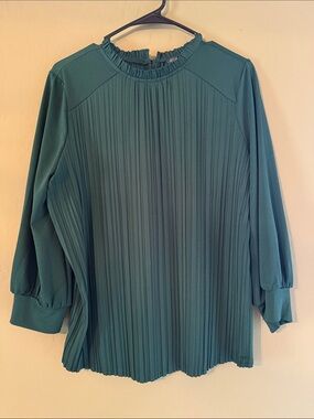 Adrianna Papell Teal Pleated Ruffle-Neck Blouse